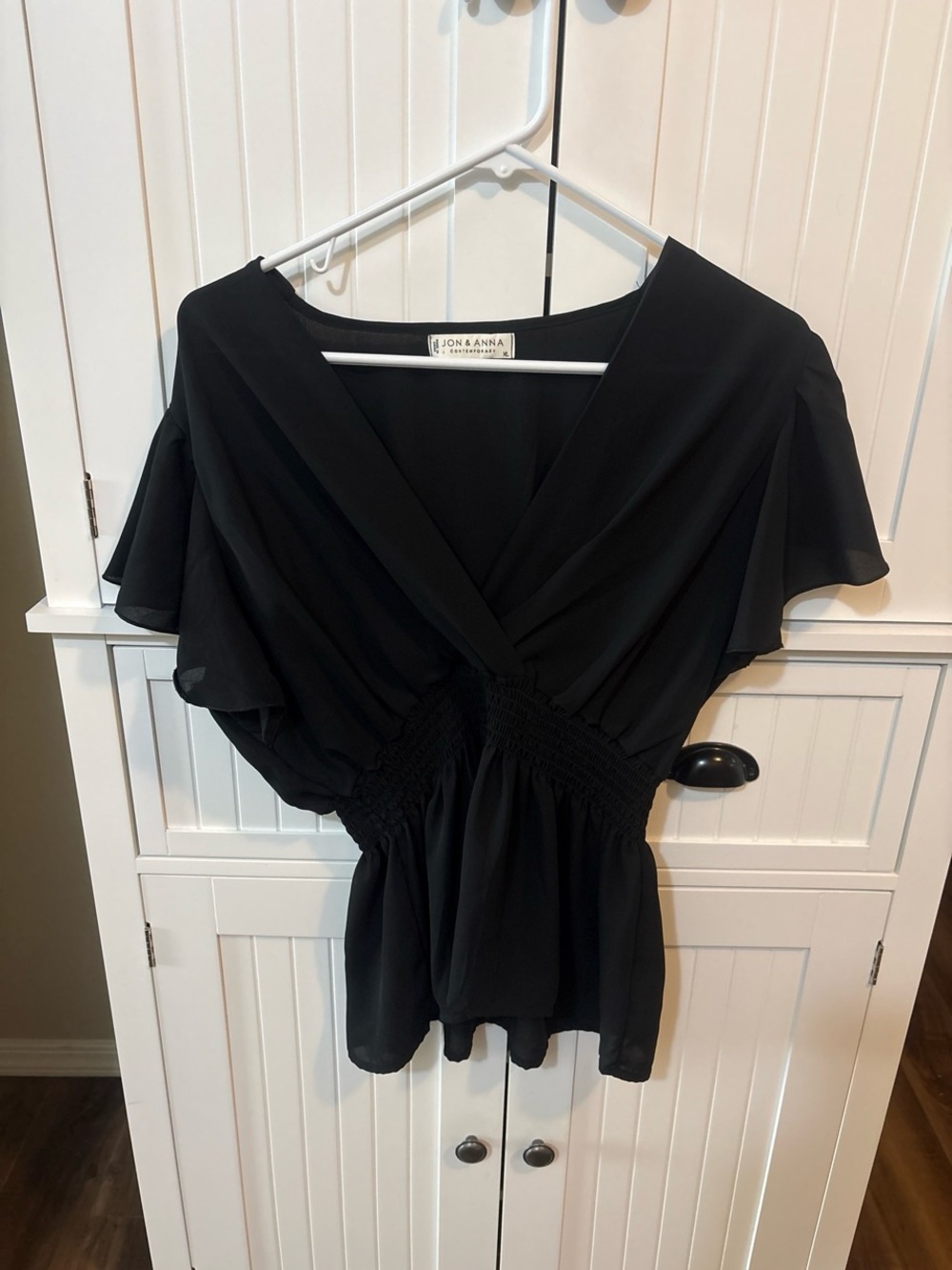 Jon & Anna Black Smocked Peplum Flutter Sleeve Blouse XL Coquette Cottagecore